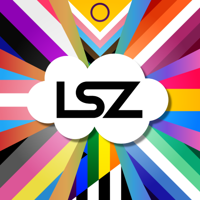 LGBTQIA+ Safe Zone logo: a white cloud with LSZ lettering on a radial burst of pride and identity-flag colors